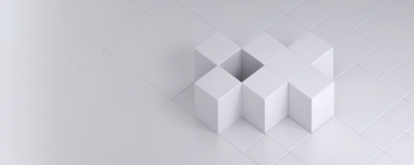 Illustration of seven white cubes arranged on a white grid of squares creating a pattern