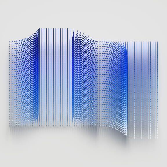 digital rendering of moving fibers in blues