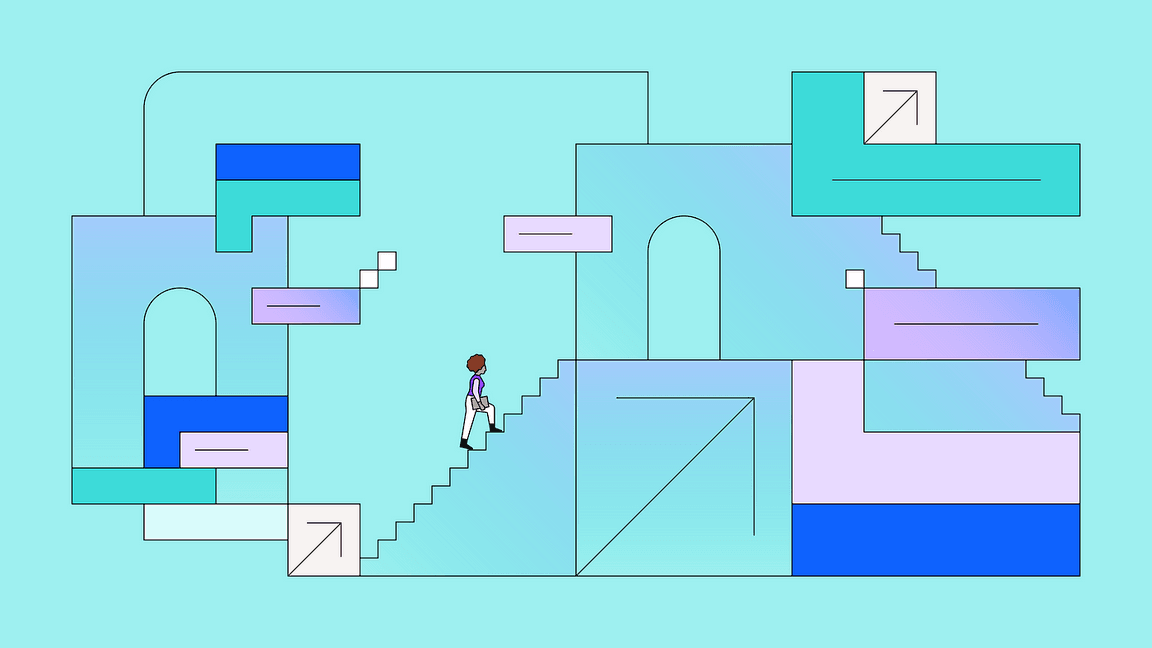 line-style illustration with person walking up stairs