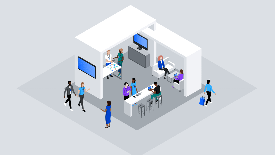 isometric-style illustration of booth layout for event