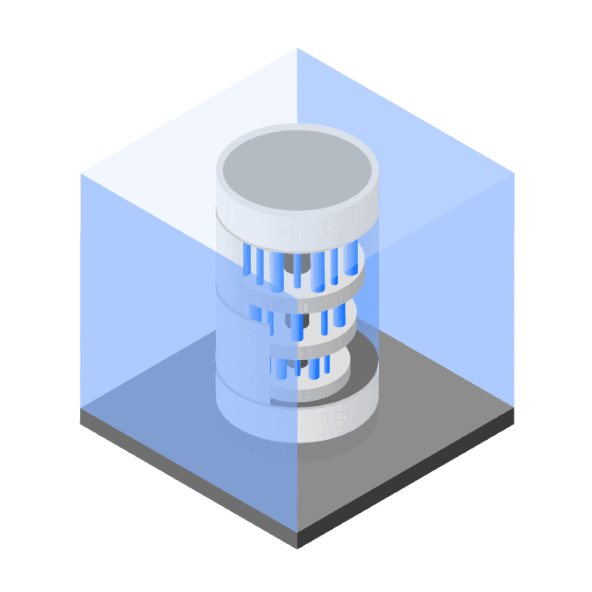 isometric illustration of a quantum computer in blue and gray