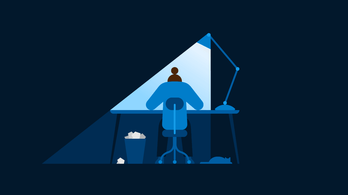 flat-style illustration of person at desk at night