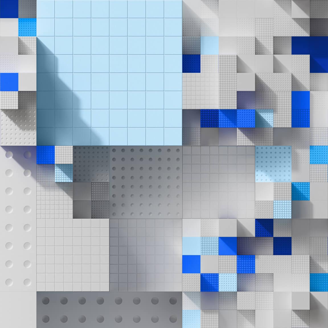 dimensional mosaic digital rendering in blue and gray squares and cubes with dots