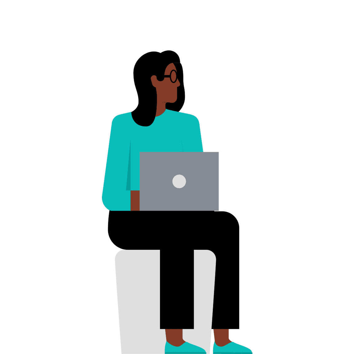 flat-style illustration of person seated with laptop