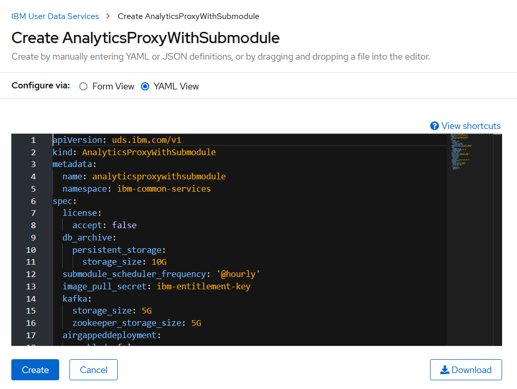 The image shows the AnalyticsProxyWithSubmodule YAML.