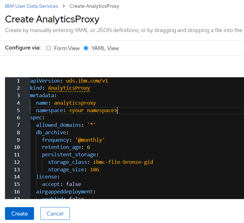 The image shows the AnalyticsProxy YAML.