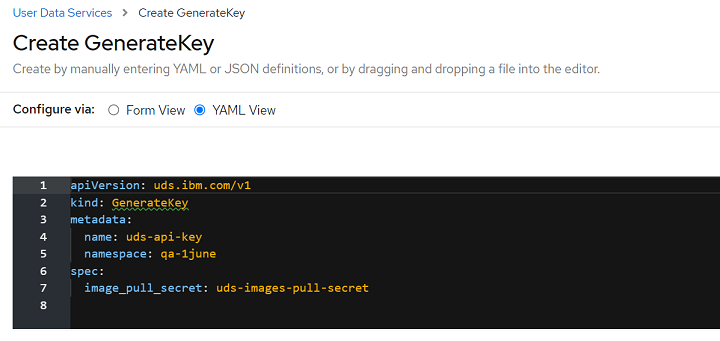The image shows the Generate Key YAML.