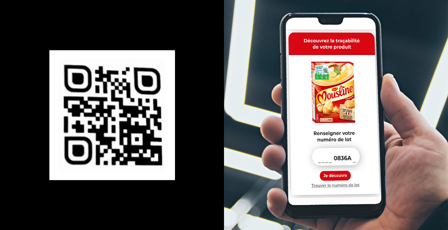 QR code and close-up of person using smartphone to see food trust data about Mousline product on Carrefour website