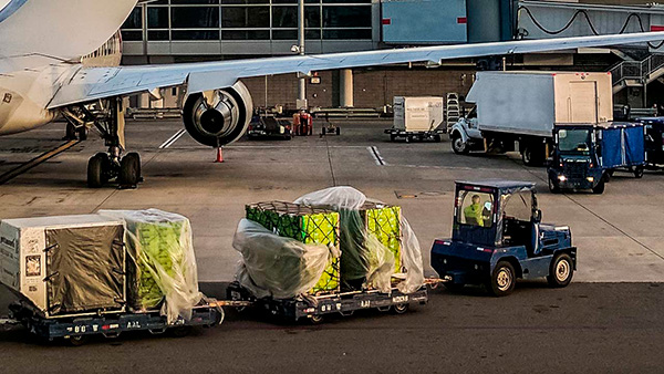 Baggage truck on an airport pulling two baggage carts in front of an airplane