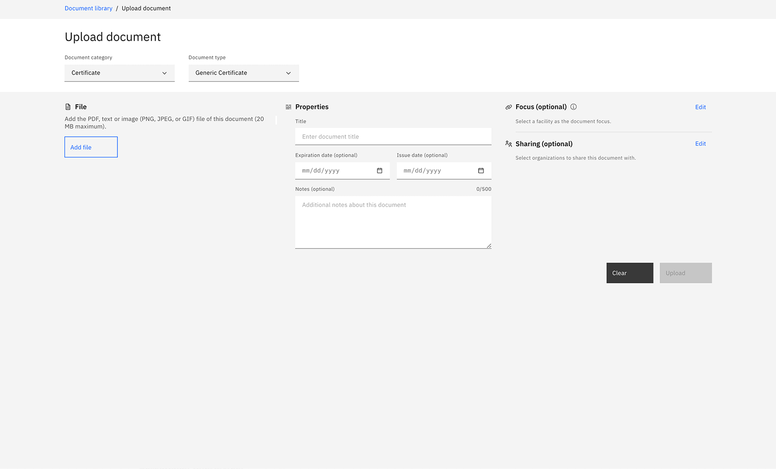 Screenshot showing upload document function in IBM Blockchain Transparent Supply software