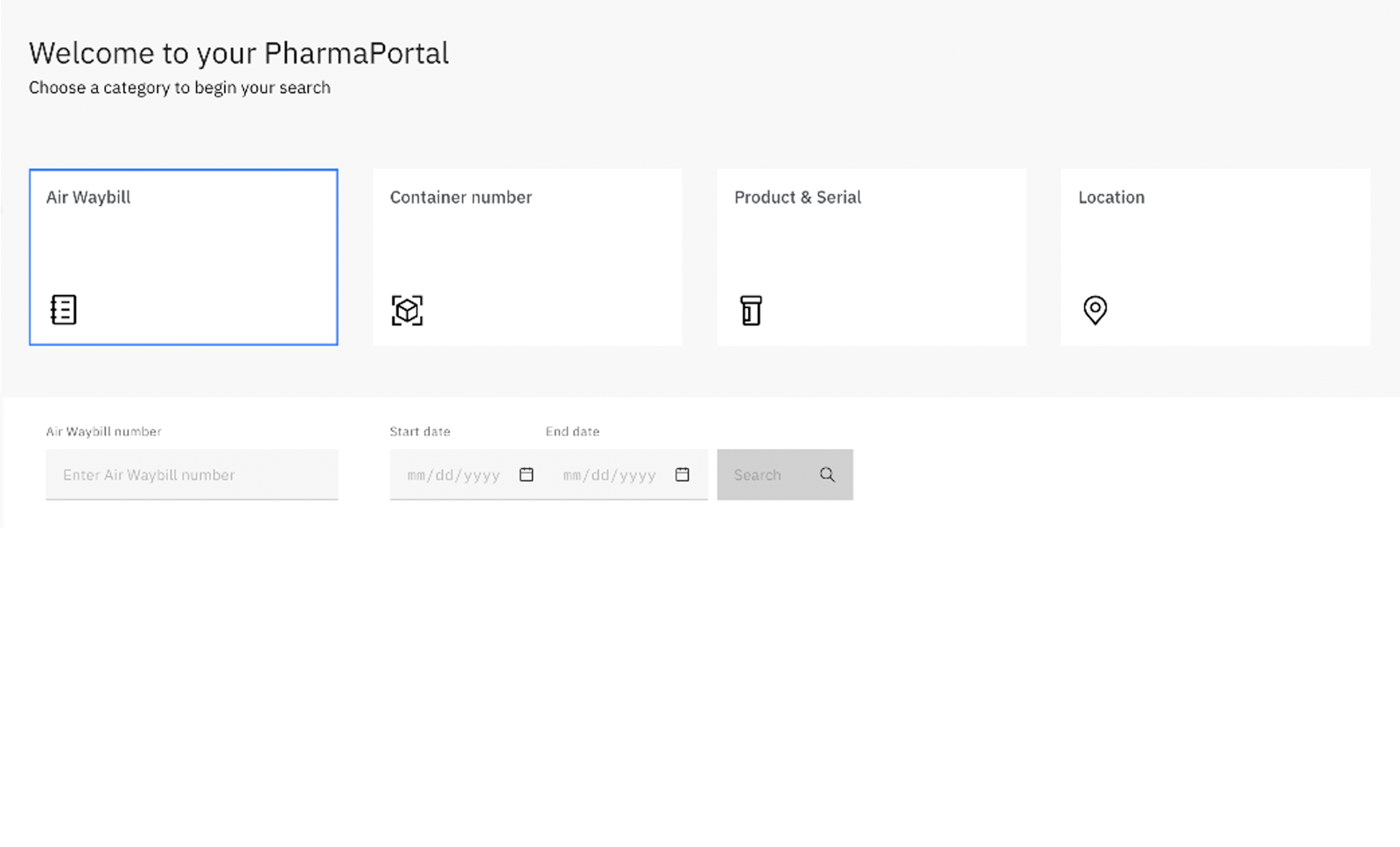 Screenshot showing search using PharmaPortal in IBM Blockchain Transparent Supply software