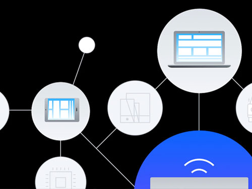 Ilustração de círculos com ícones de computador conectados por linhas