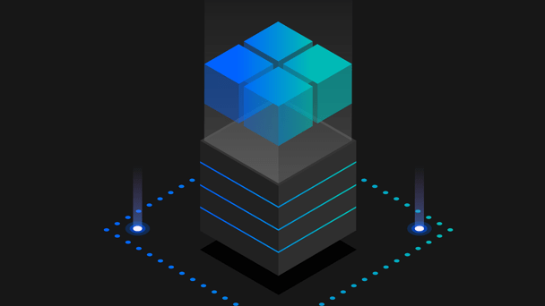 Un cube gris avec quatre petits cubes bleus dessus