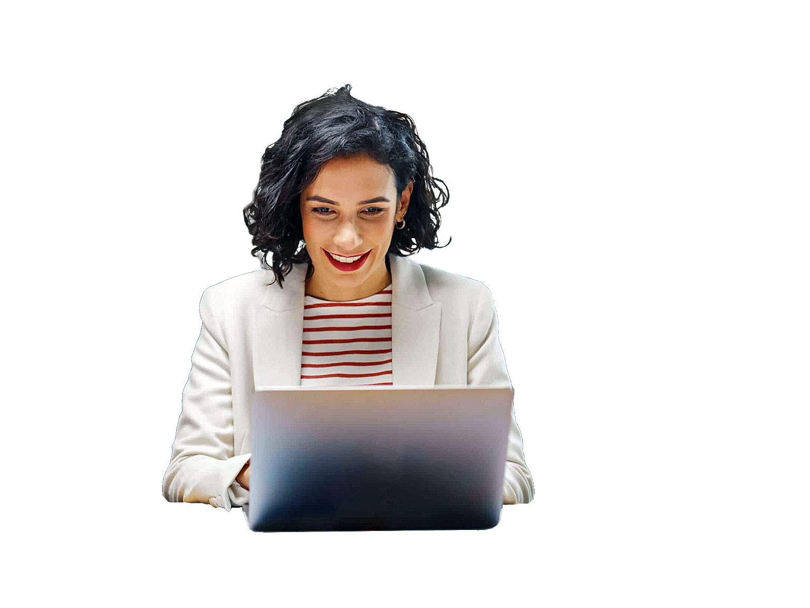 Happy female CIO working on a laptop surrounded by illustrations of data automation including building blocks, a target, and data organized with labels.