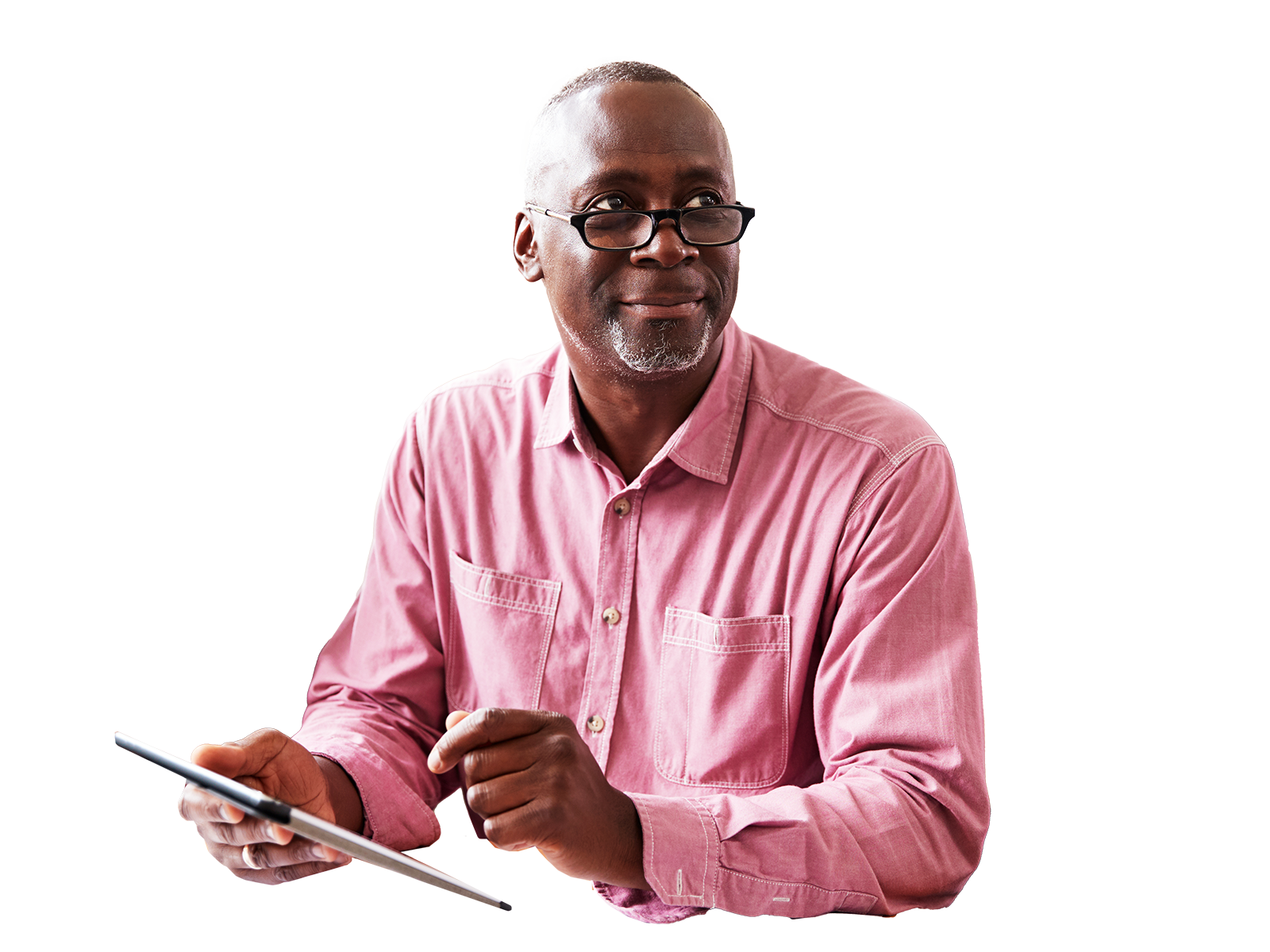 Confident male security analyst sitting at a desk with background illustrations representing security like a document icon and a fingerprint.