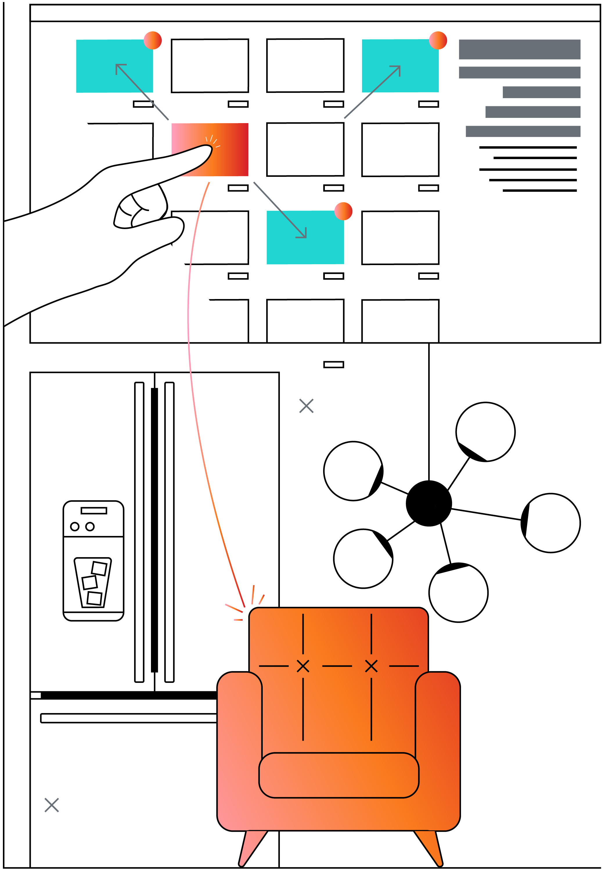 hand moving a furniture shape onto a virtual facility blueprint