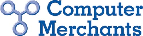 The words "Computer Merchants" written in blue font next to three circles joined by a triangle.