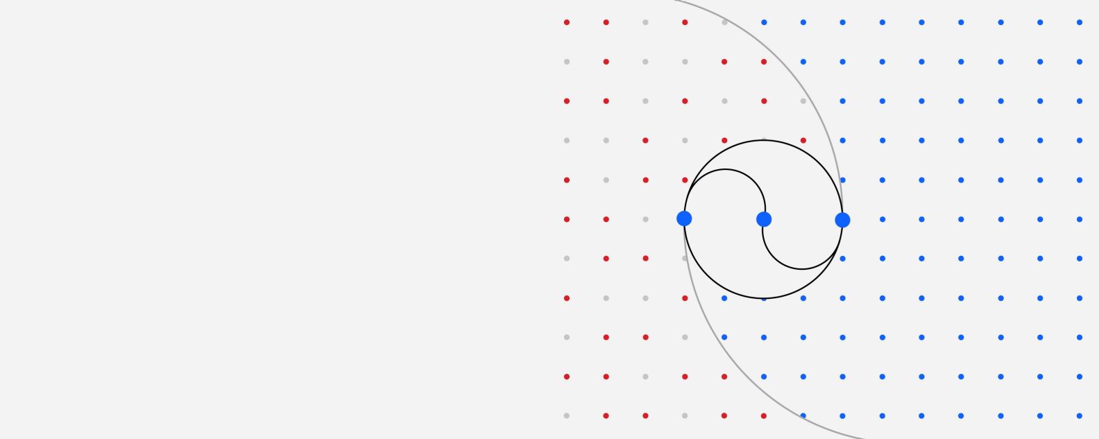 Ilustración de una cuadrícula de puntos de colores donde tres puntos más grandes están conectados por varias líneas curvas