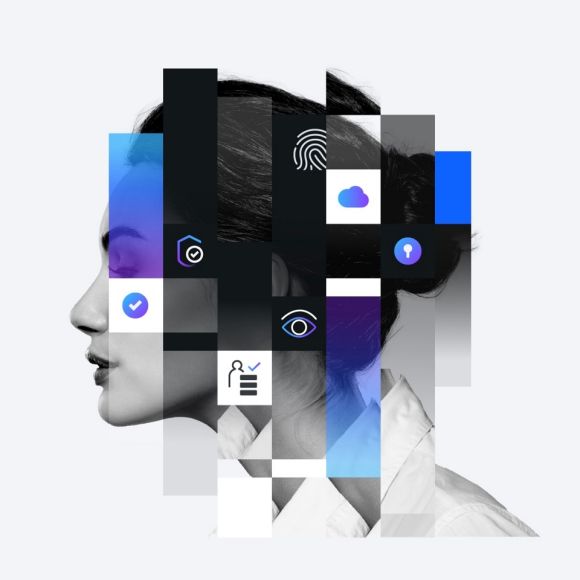 Représentation abstraite de la tête d'une personne avec des icônes symbolisant l'identité sécurisée, notamment une empreinte digitale, une coche, un bouclier, un trou de serrure, un œil et une personne