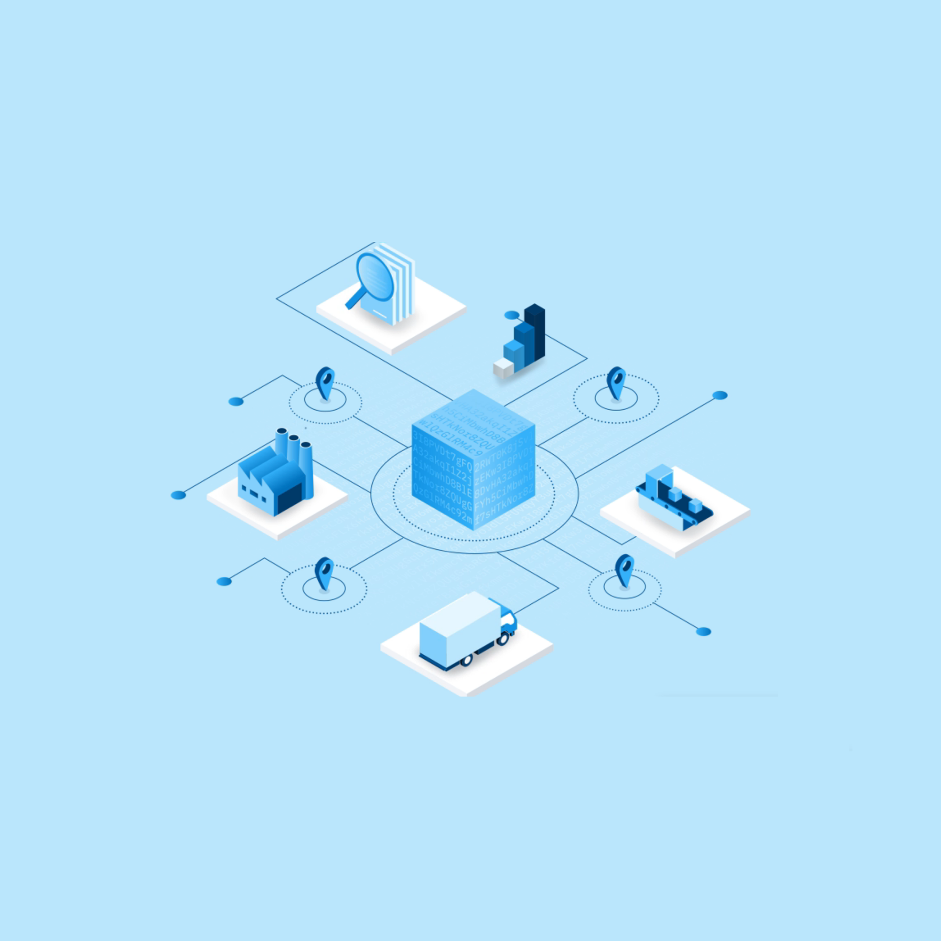 Isometric illustration of blue procurement icons displaying truck boat industry bar chart and magnifying glass