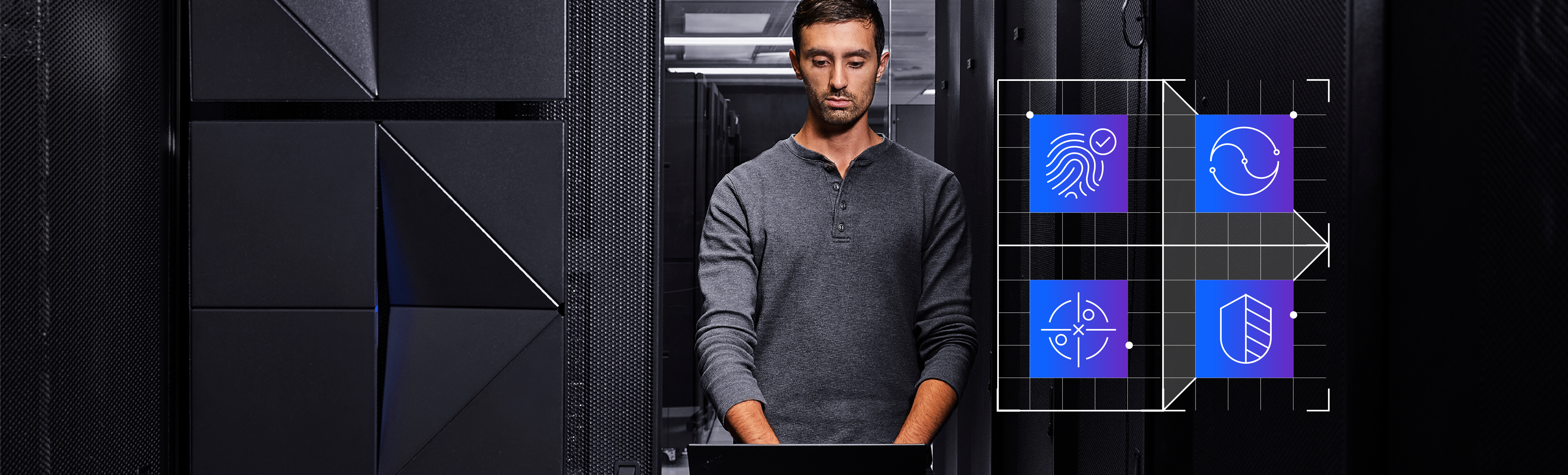 A man using his laptop in the foreground and IBM z16 servers in the background