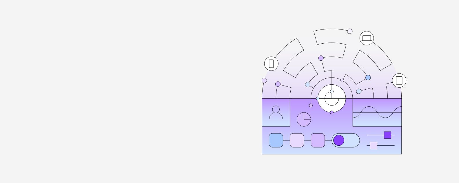 Ilustração gráfica de um labirinto com uma pessoa navegando para um dispositivo móvel, tablet e notebook com cores azul e roxo