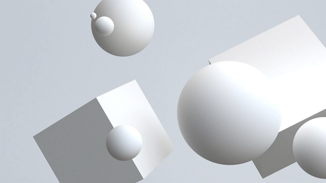 Rendering 3D kubus putih dan bola berbagai ukuran yang mengambang di depan latar belakang abu-abu