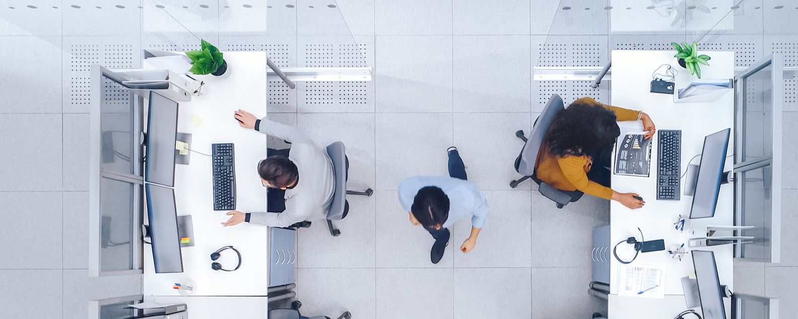 aerial view looking down on work area of numerous company employees