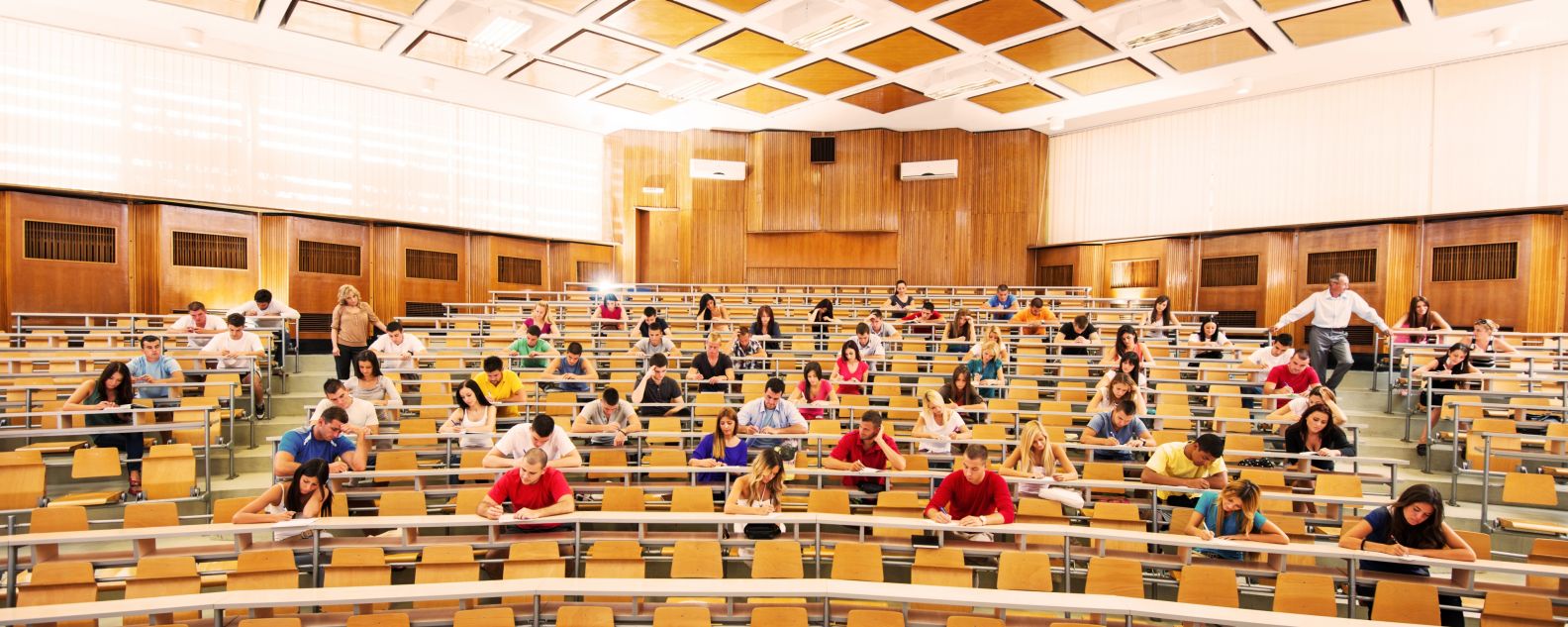 Large university classroom with students