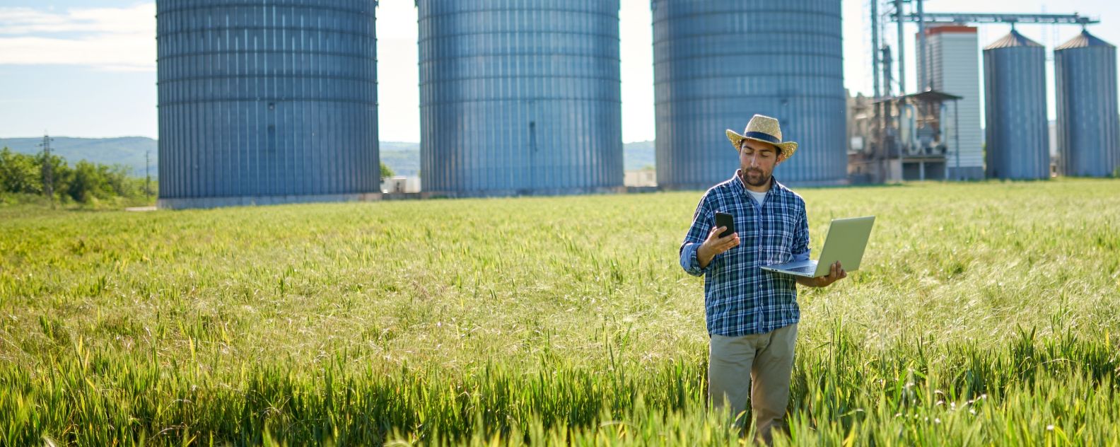 una serie di foto che mostrano un giovane contadino che coltiva i campi a grano e utilizza le nuove tecnologie