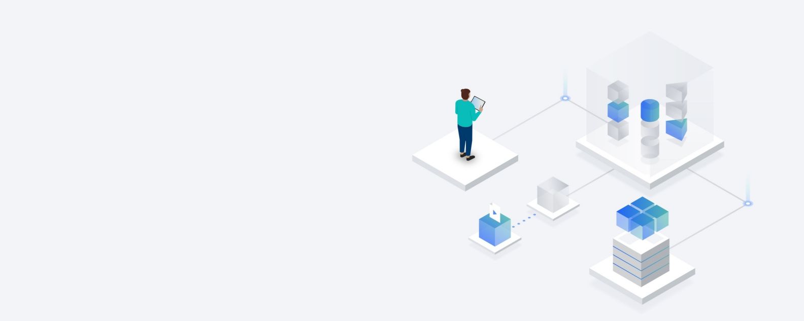 Ilustración de una persona que accede a datos en una tableta conectada a un servidor seguro y a una infraestructura de almacenamiento 