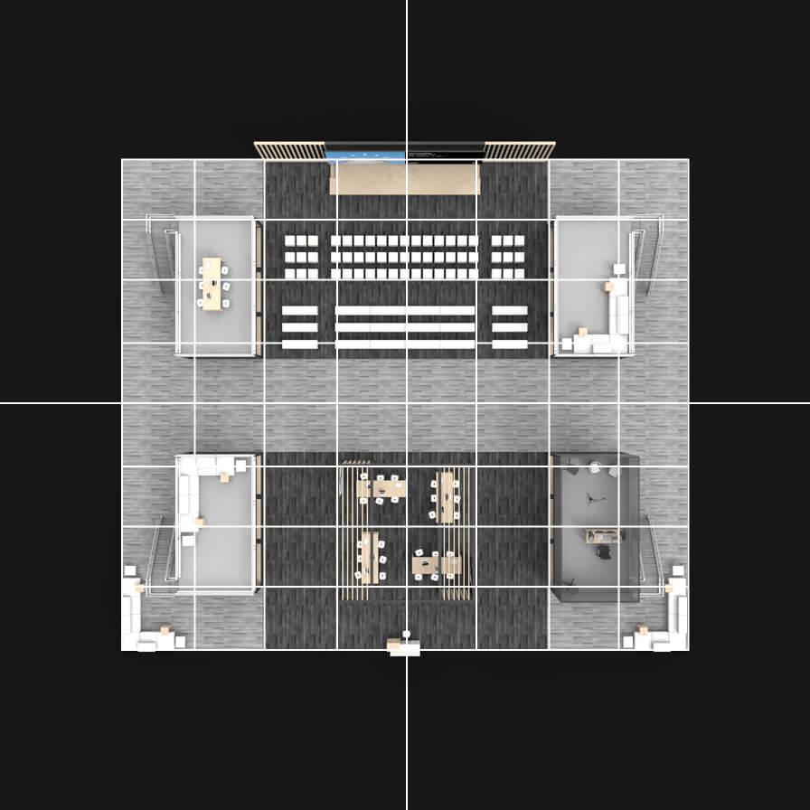 Grid columns and rows overlayed on top view of event space