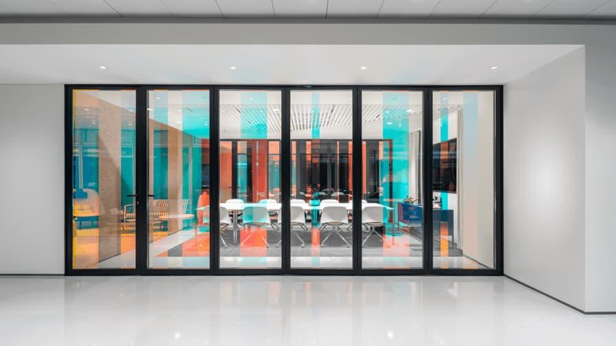 enclosed meeting room glass doors closed
