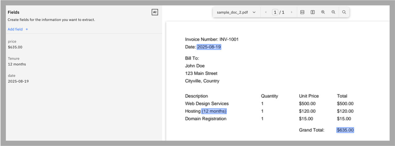 Figure 2: Example showing fields to extract from a document.