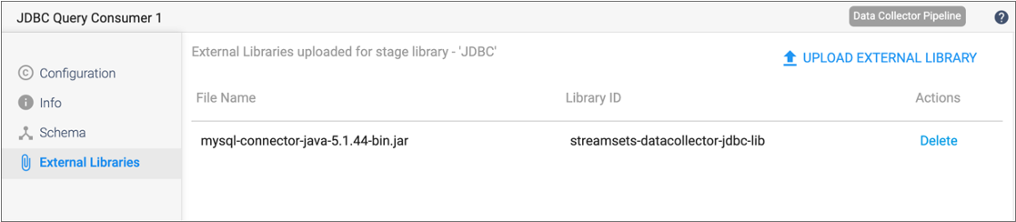 External library available to the JDBC Query Consumer origin during pipeline design