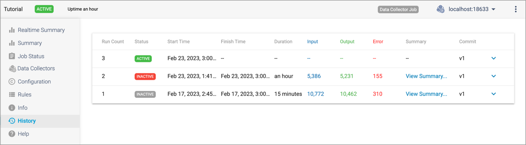 Sample History tab showing three job runs
