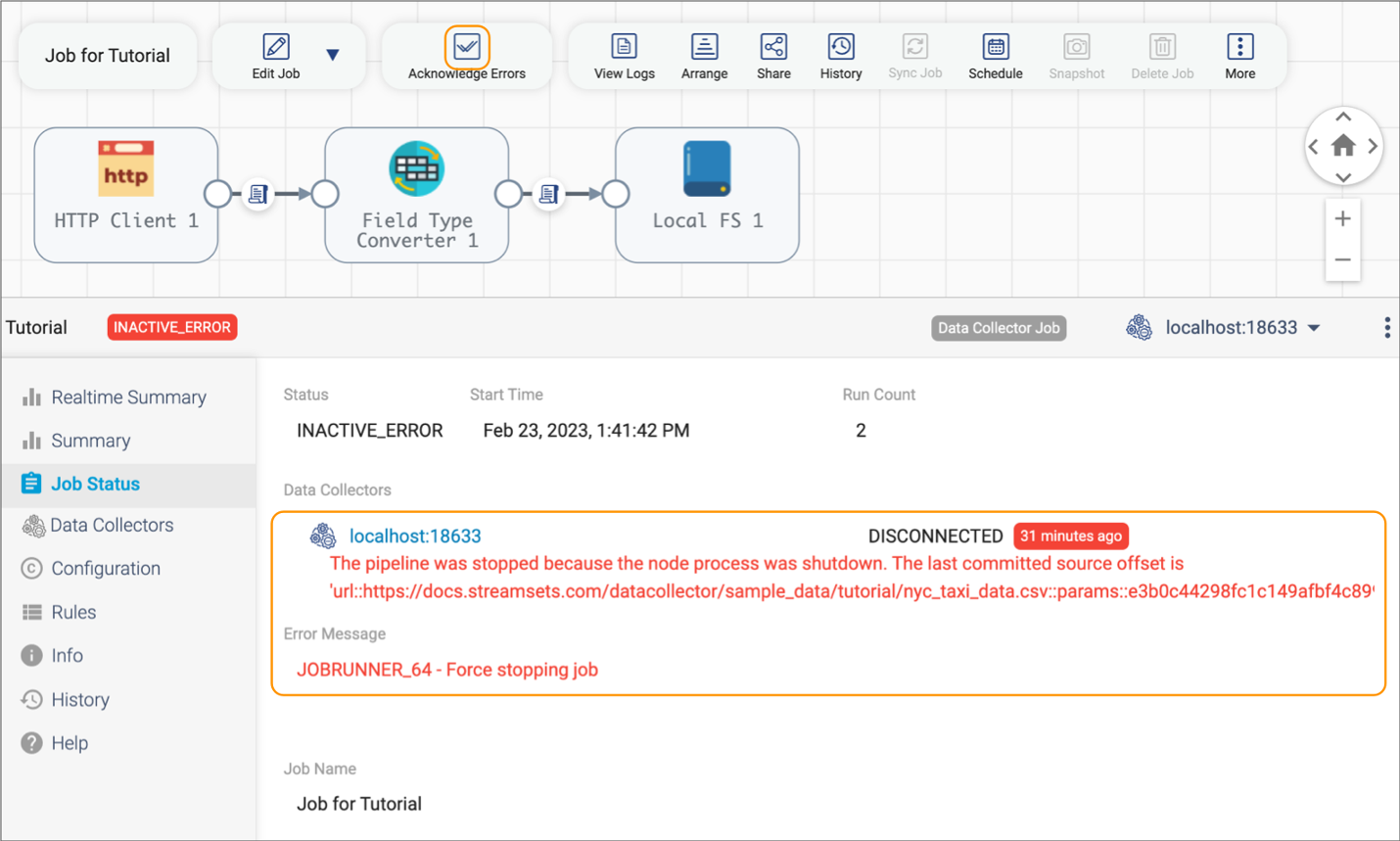 Acknowledging errors when monitoring a job