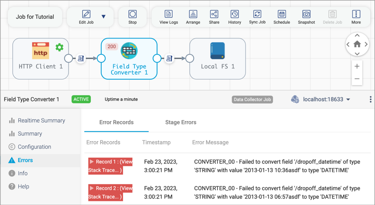 Sample Errors tab for a processor that encountered errors