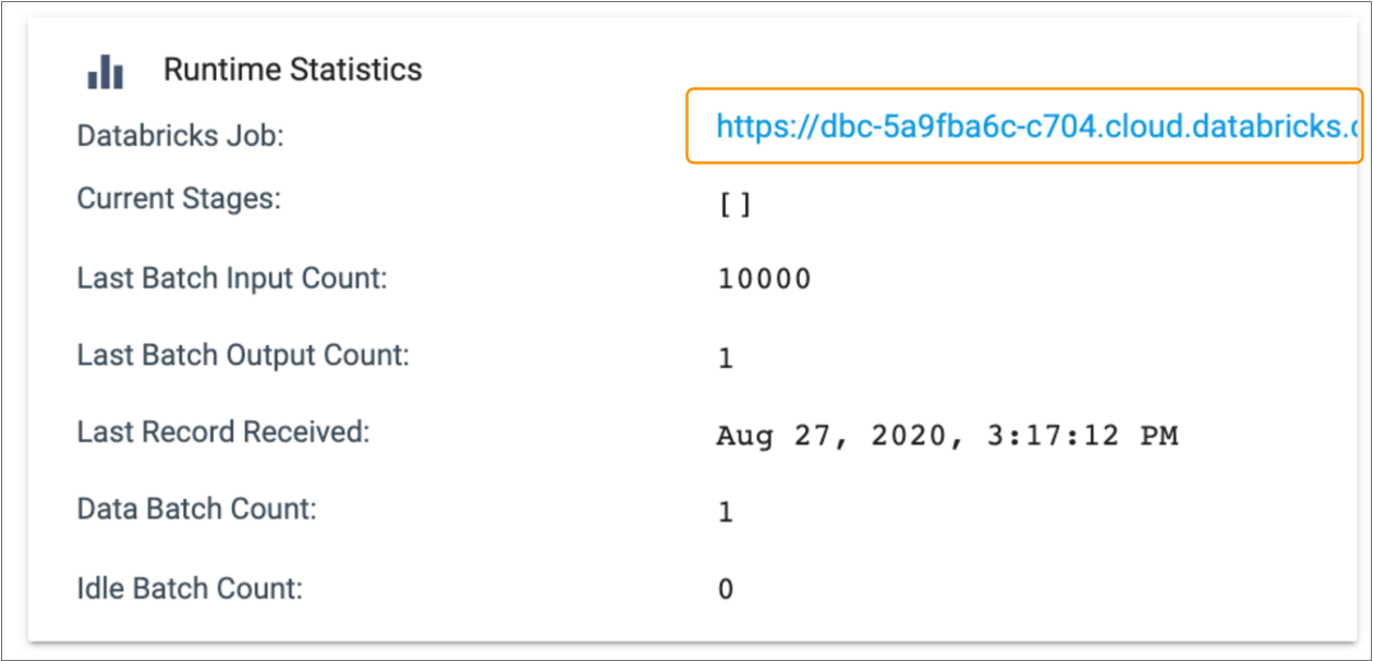 Databricks Job URL displayed in the runtime statistics