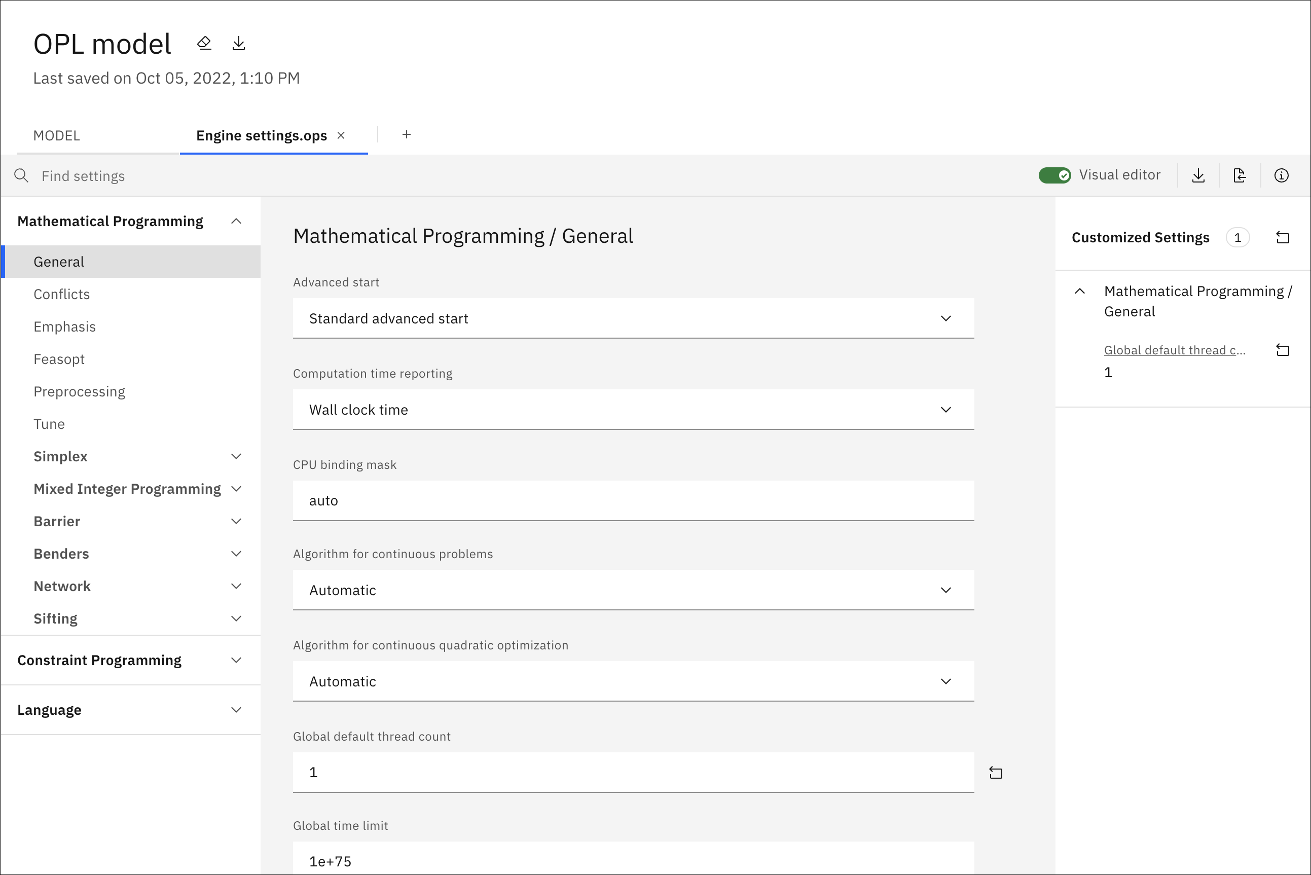 OPL Engine settings .ops file shown open in Visual Editor view with one customized parameter