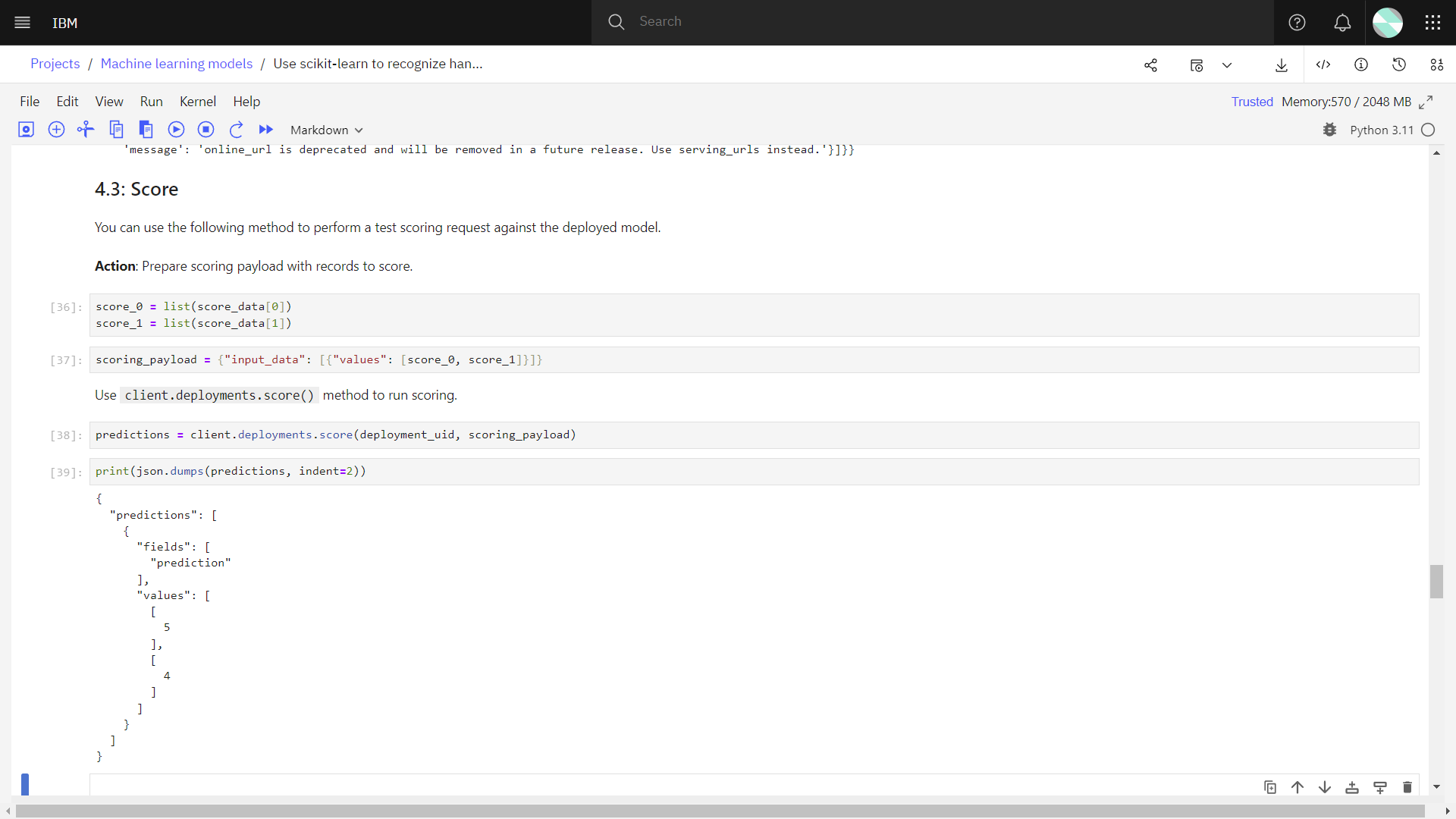 The following image shows the notebook with the prediction.