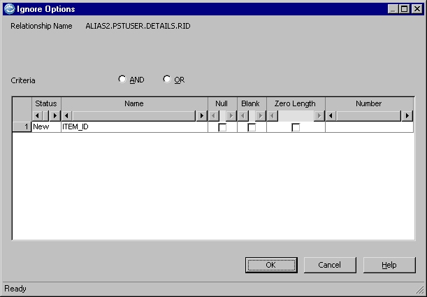 Example of the Ignore Options dialog, where you can specify to ignore a relationship if its value is empty.