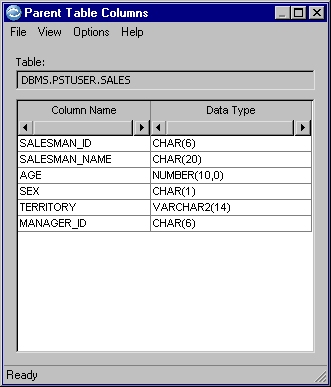 parent table columns dialog where you can select columns to include in the relationship