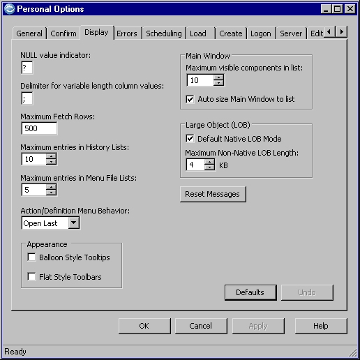 Example of the Display tab on the Personal Options dialog, described as follows.
