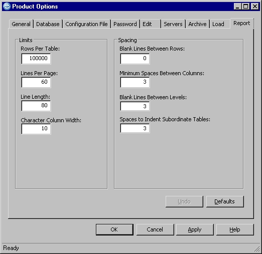 Product Options dialog - Report tab