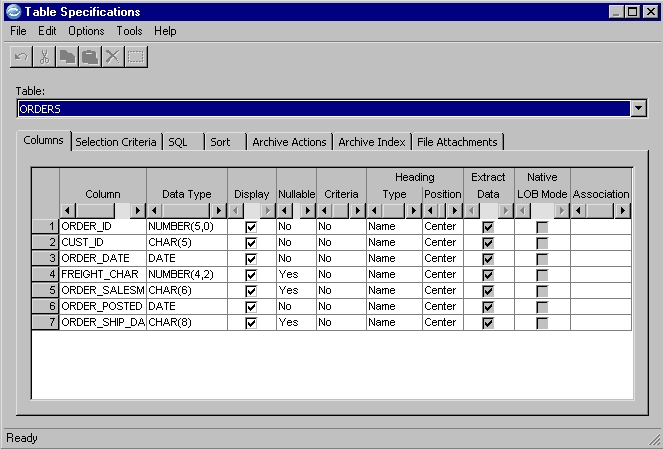 Example of the Columns tab on the Table Specifications dialog that shows column names, data types, and other details.