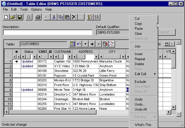 table editor row shortcut menu, described below