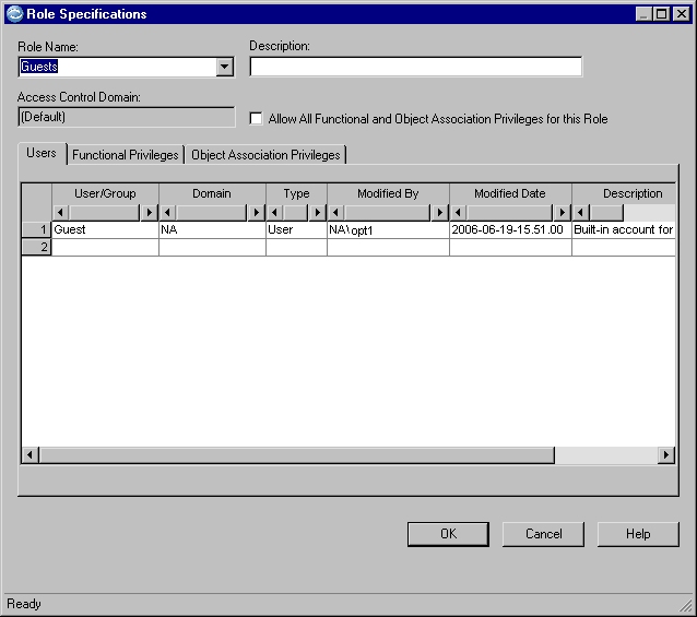Role Specifications dialog