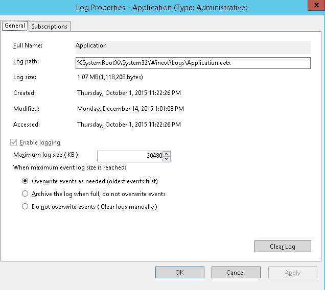Figure showing Application Log Properties panel