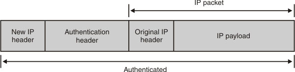 Shows new IP header, authentication header, IP packet (original IP header and IP payload), all authenticated.